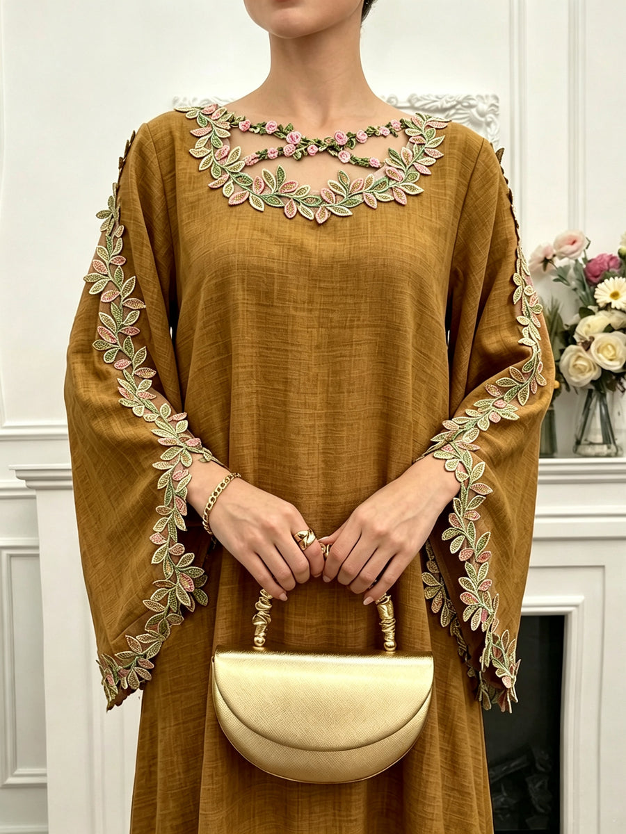 Women's Loose-fit Long-sleeve Dress, Arabic Style, Adorned with Embroidery and Cross Patterns - Brown