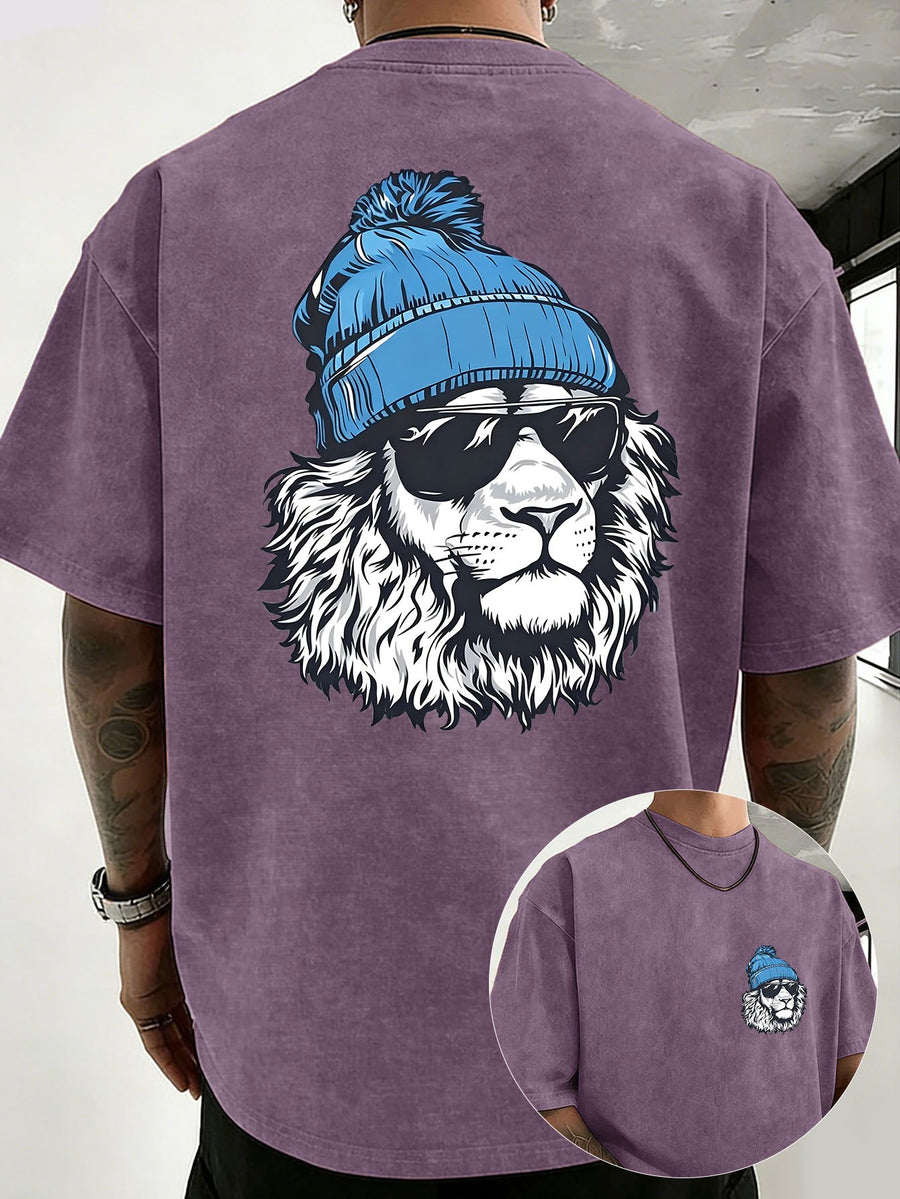 Men's Heavyweight Washed Distressed Loose-Fit Short-Sleeve T-Shirt with Reversible Print, Available in 12 Colors for Mix & Match, National Trend Y2K Style for Daily Commuting, Sports, Fitness, Couples, Streetwear, and Outings - Purple