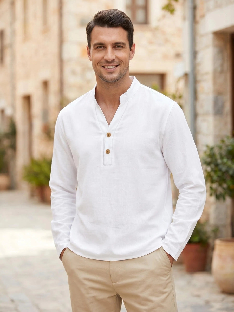 Men'S Pure Casual Long Sleeve Henley Shirt Linen Texture Old Money Style Solid Color Button-Up Top Spring Fall Moisture-Wicking Breathable Comfortable Long Sleeve T-Shirt - White