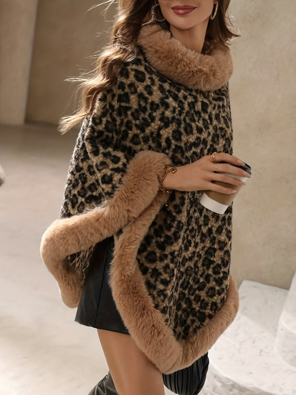 1pc Women's Elegant Leopard Print Sweater Coat with Plush Faux Collar, Sleeveless Winter Jacket, Round Neck Thick Warm Pullover for Fall/Winter, Luxurious Faux Trim (Hand Wash/Dry Clean) - Christmas/Halloween Gift - Khaki