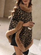 1pc Women's Elegant Leopard Print Sweater Coat with Plush Faux Collar, Sleeveless Winter Jacket, Round Neck Thick Warm Pullover for Fall/Winter, Luxurious Faux Trim (Hand Wash/Dry Clean) - Christmas/Halloween Gift - Khaki