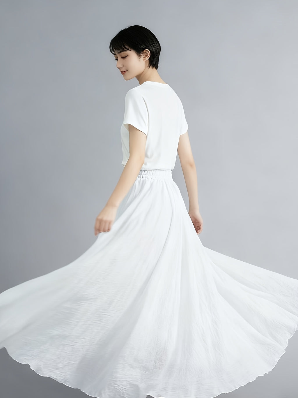 Solid Color Ethnic Style Literary Double-Layer Non-See-Through Midi Skirt for Women, Spring Summer Autumn Zen Style Long Dress with Wide Hem, High Waist Flowy - White