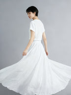 Solid Color Ethnic Style Literary Double-Layer Non-See-Through Midi Skirt for Women, Spring Summer Autumn Zen Style Long Dress with Wide Hem, High Waist Flowy - White