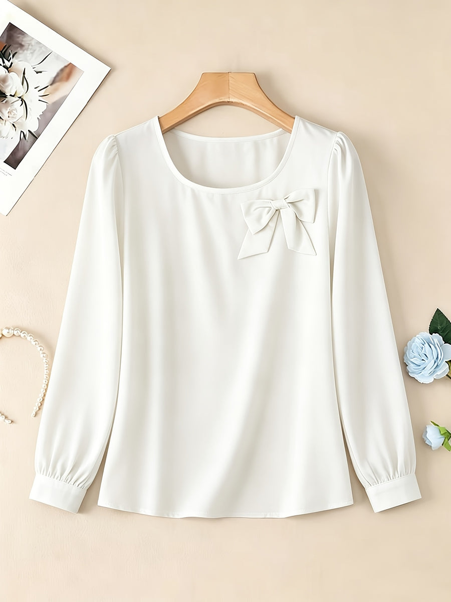 Elegant Casual Long-Sleeve Blouse with Bow and Lantern Sleeves, Solid Color Top ASD1 - White