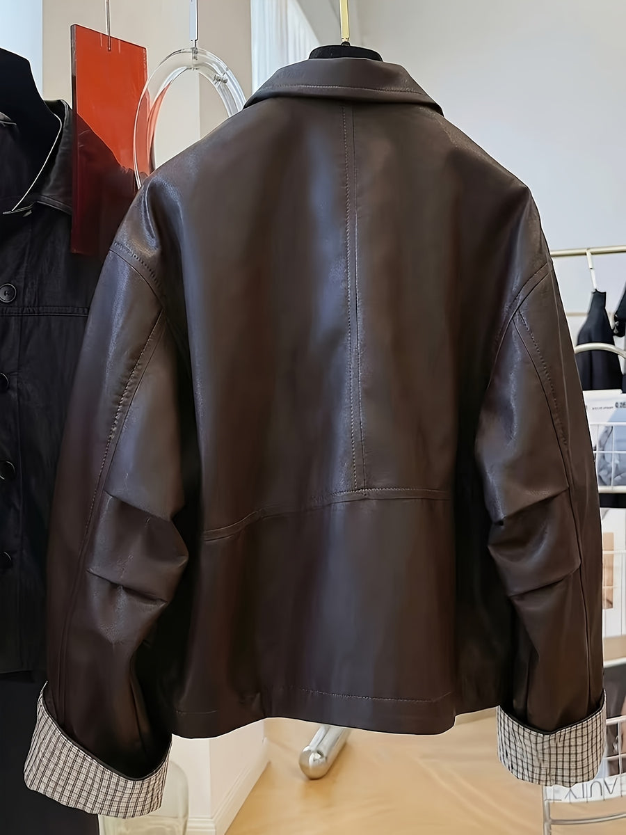 Contrast Sleeve Statement Jacket. Motorcycle Riding Windproof Outerwear - Coffee Color