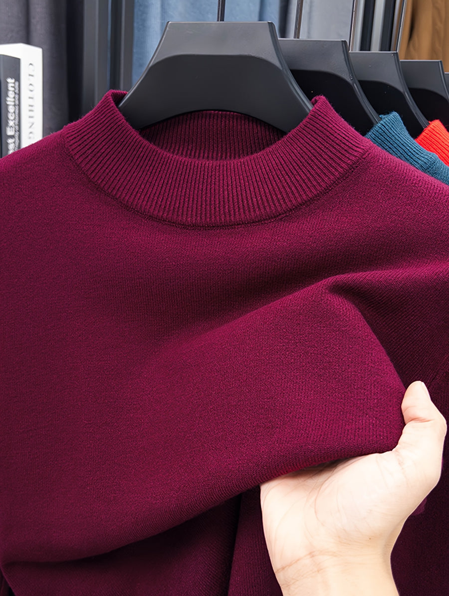 Men's Solid Color Half-Turtleneck Sweater, Available in Multiple Colors, Ribbed Cuffs, Simple Basic Style, Business Casual for Autumn/Winter, Slim Fit Commuter Base Layer Knit Top - Burgundy