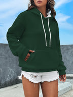 Women's Long Sleeve Drawstring Sweatshirt, Casual Loose Fit Pocket Sweatshirt - Olive Green