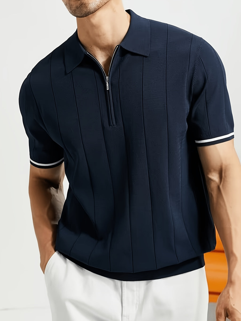New Men's Business Fabric Shirt, Summer Men's Light Business Solid Color Casual Men's Lapel Short Sleeve Knitted Top - Navy Color