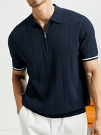 New Men's Business Fabric Shirt, Summer Men's Light Business Solid Color Casual Men's Lapel Short Sleeve Knitted Top - Navy Color