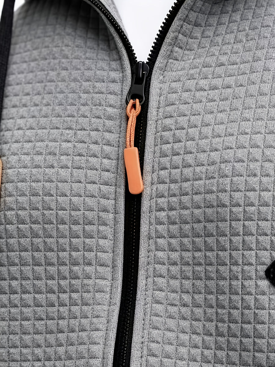 Autumn Winter Men'S Thick Jacquard Long Sleeve Cardigan Hooded Jacket Coat, Fashionable Checkered Jacquard Texture Fabric Comfortable, Suitable for Daily Outings, Outdoor Sports, Travel, And Vacation, Lightweight Comfortable Regular Fit - Grey