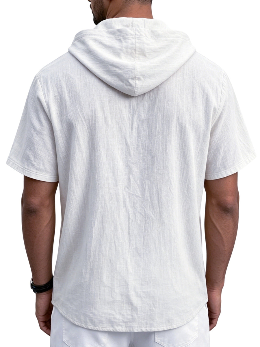 Men's Breathable Half-Zip Hooded Short-Sleeve T-Shirt - Loose-Fit Linen Summer Top with Zipper Collar, Solid Color Casual Beachwear Suitable for Vacation, Outdoor & Casual Attire, Machine Washable Linen Shirt - White