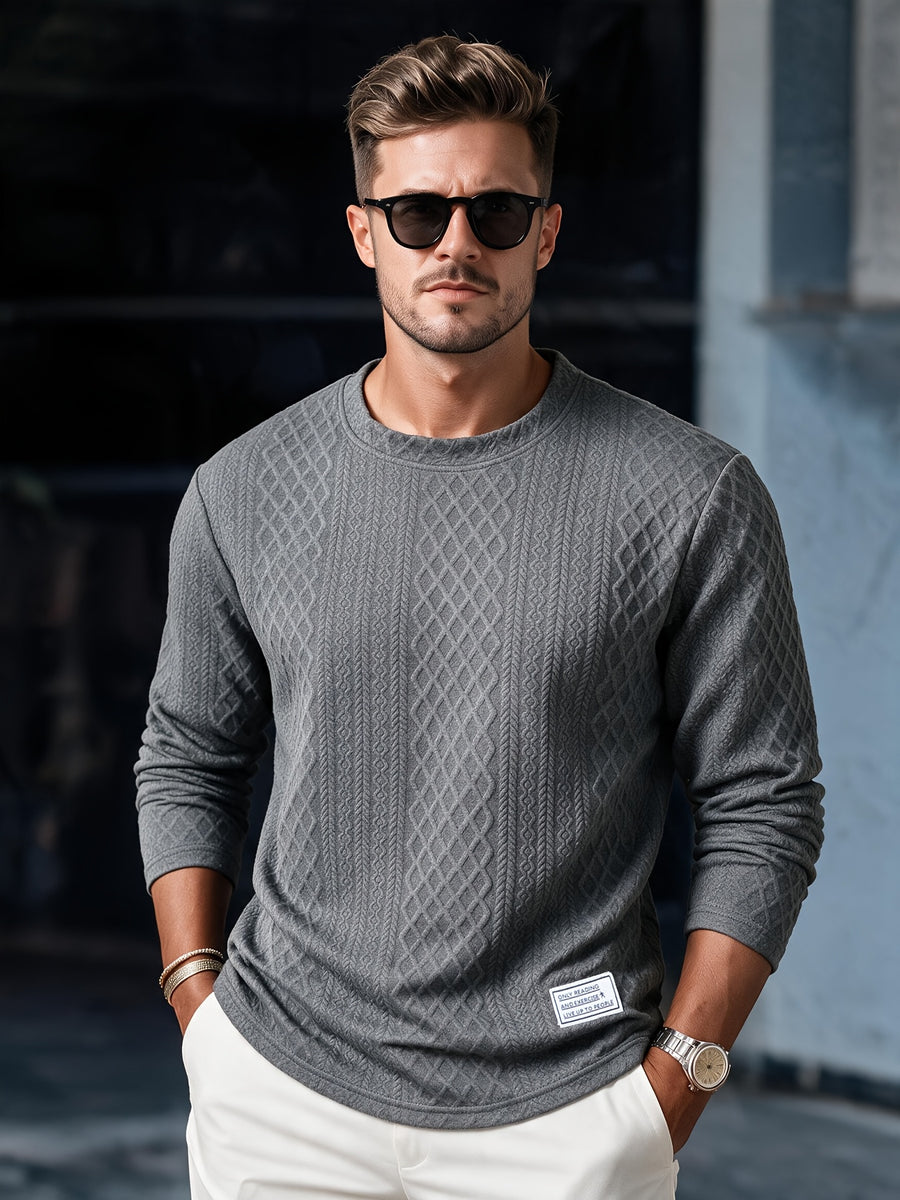 Josh Mei's Selection: Henley Collar Shirt, 2026 Autumn/Winter European and American Style Men's Casual Jacquard Crew Neck Long Sleeve Pullover Sweater Short Sleeve - Dark Gray