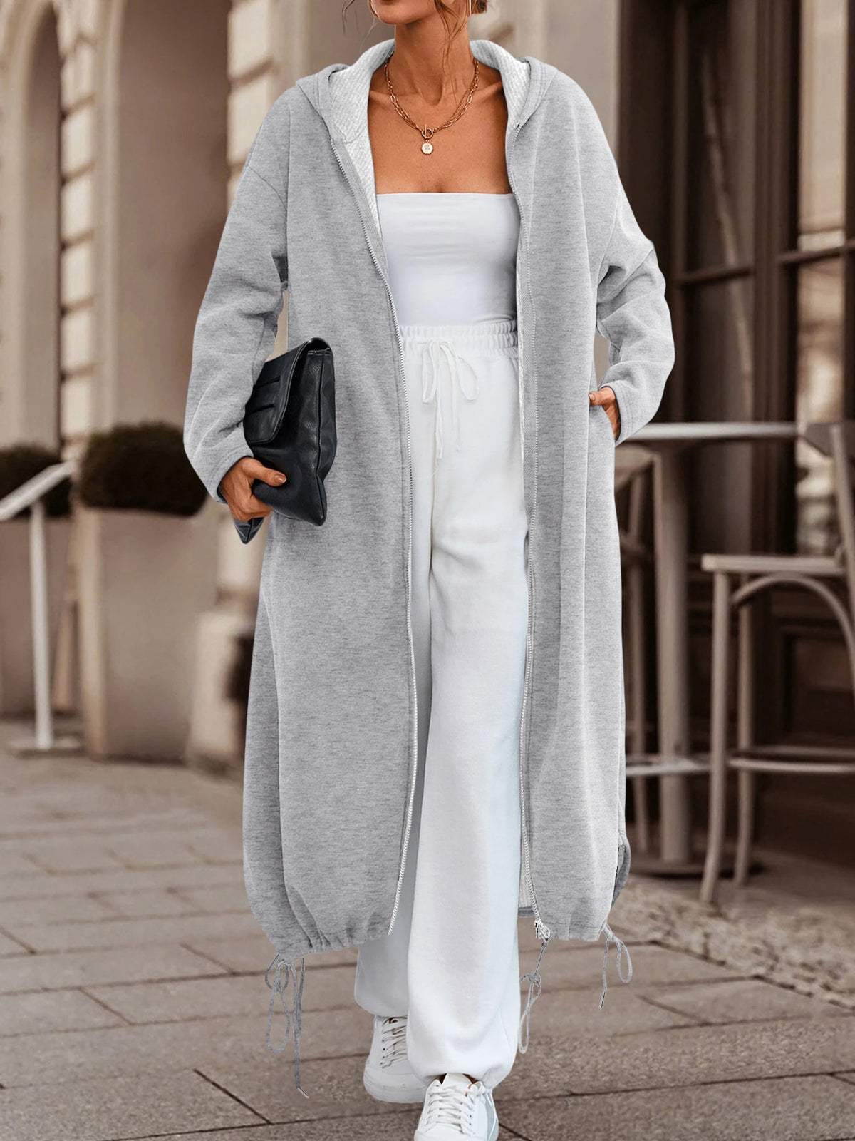 Women's Slightly Elastic Long Hooded Zip - Up Jacket for Autumn Winter, Solid Color. Long hooded style with zip, slightly elastic fabric is soft. Drawstring hem adds a trendy touch, warm and practical, great for casual looks - Grey
