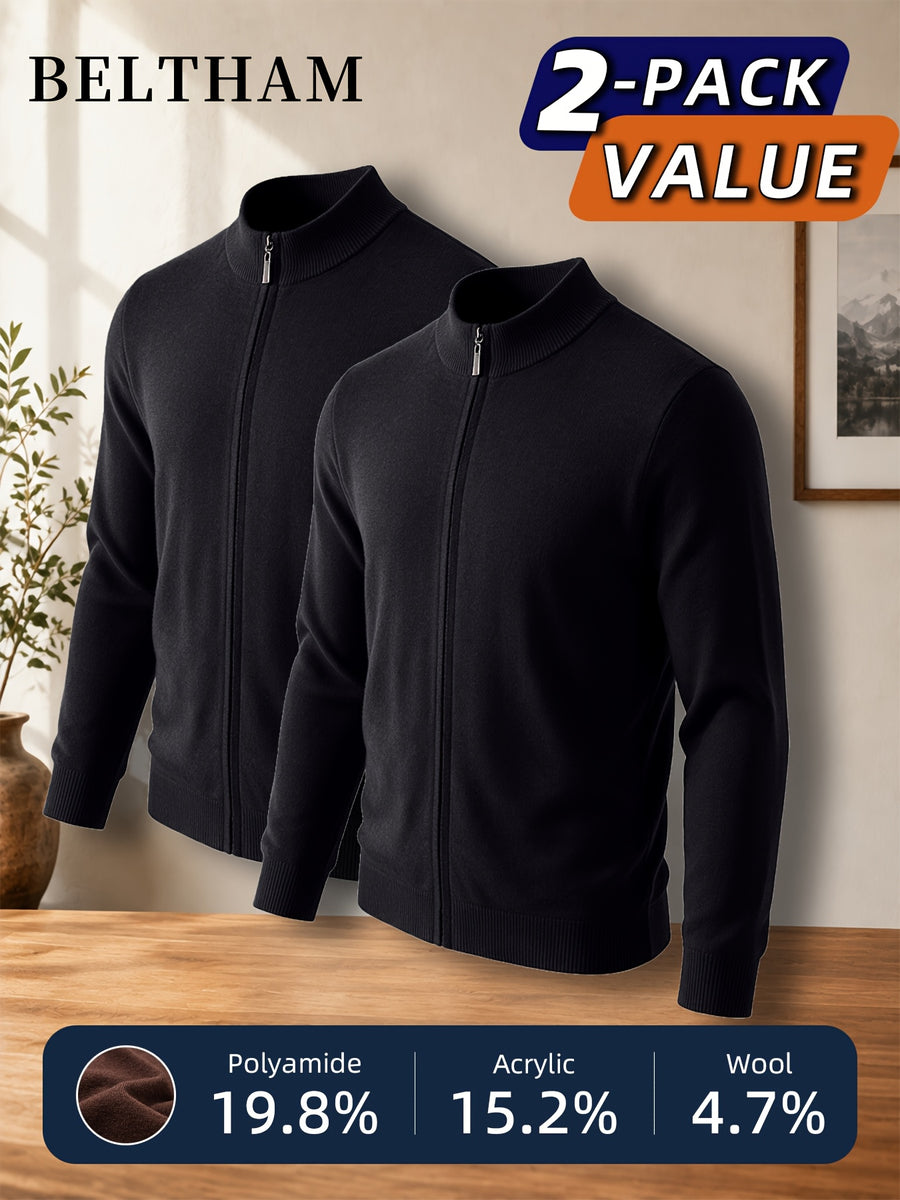 2pcs New Spring Autumn Winter Men'S Knit Cardigan, Ideal Gift for Father And Husband, Solid Color Zipper Design Sweater, Elegant Versatile Knit Cardigan Coat, Suitable for Daily Casual Business Sports Outdoor Camping Fishing Wear - Black