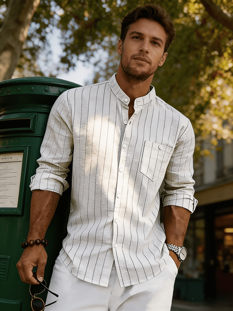 Men's Linen Long-Sleeve Striped Shirt for Spring, Autumn, and Summer, Suitable for Casual, Commuting, and Outings - White