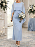 Light Blue Round Neck Chiffon Cape Shawl Dress, Waist Straight Pleated Stretch Fitted Banquet Long Evening Dress - Sky Blue