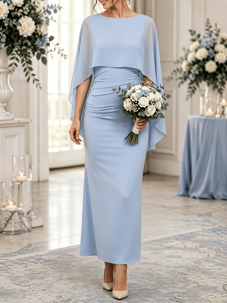 Light Blue Round Neck Chiffon Cape Shawl Dress, Waist Straight Pleated Stretch Fitted Banquet Long Evening Dress - Sky Blue