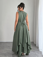 Elegant Solid Color Dress - Olive Green