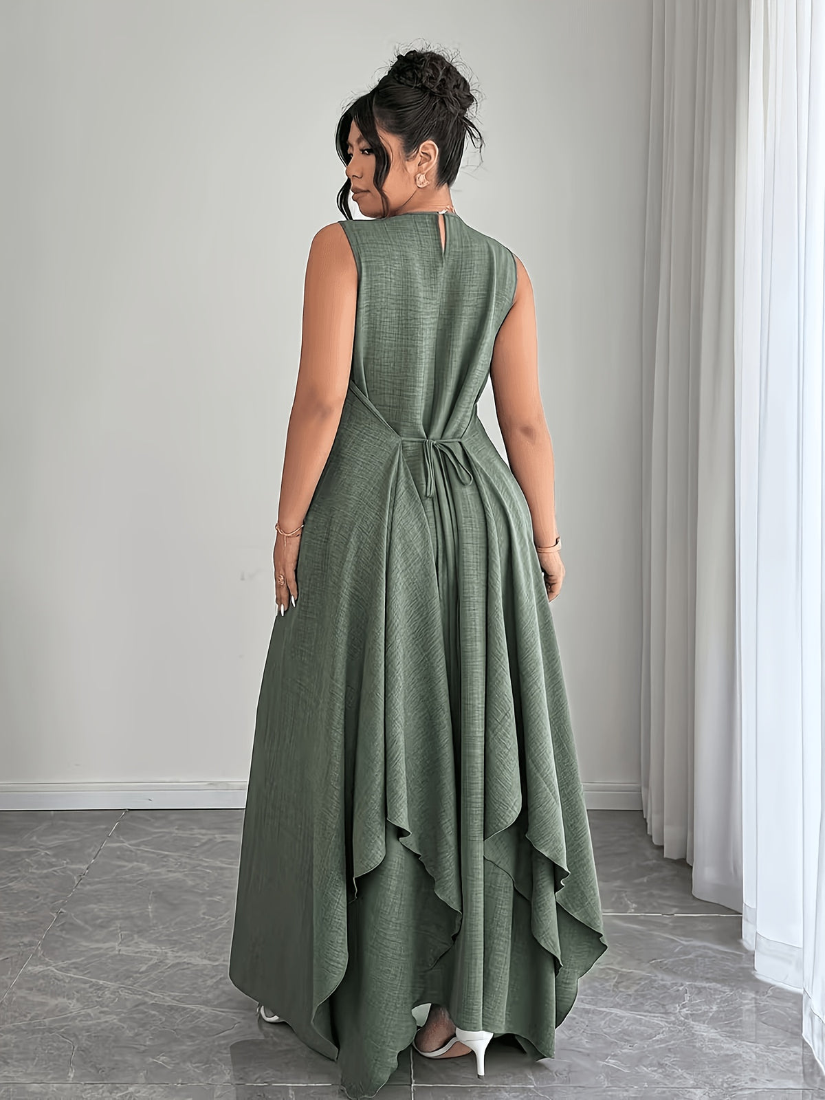 Elegant Solid Color Dress - Olive Green