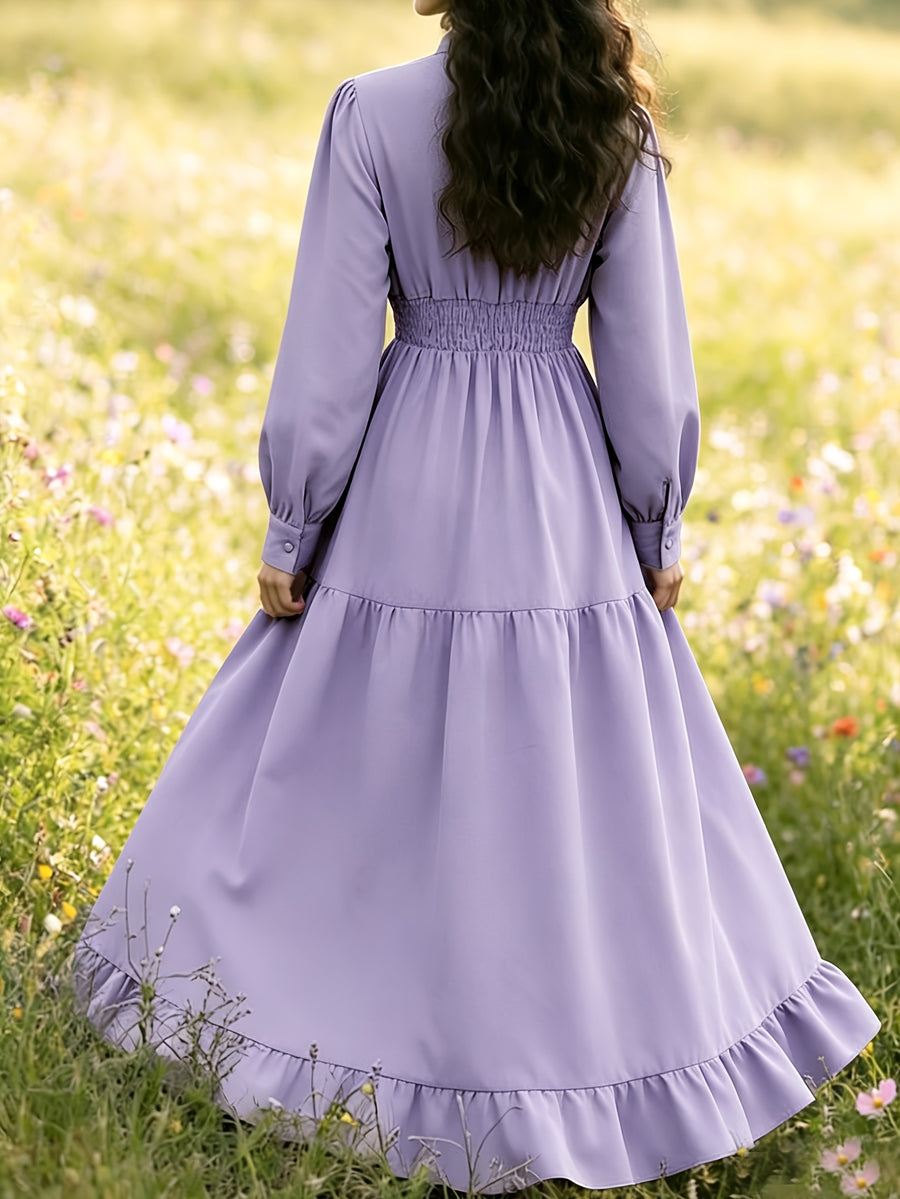 Spring Summer Court Style Olive Green Stand-Up Collar Dress, Wood Ear Trim Puff Sleeve Cable Waist, Vintage Elegant Flared Long Skirt Women'S 3A11378-1 - Violet