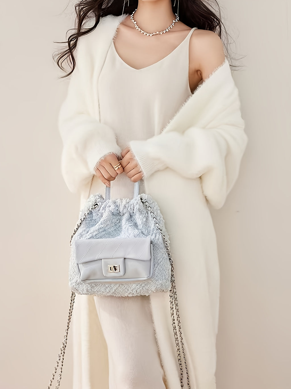 Spring 2025 Fashion Faux Mink Cardigan Sweater Coat, Mid-Length Loose Lazy Style Outerwear, Gentle And Elegant Long Over-The-Knee Cardigan Sweater - White