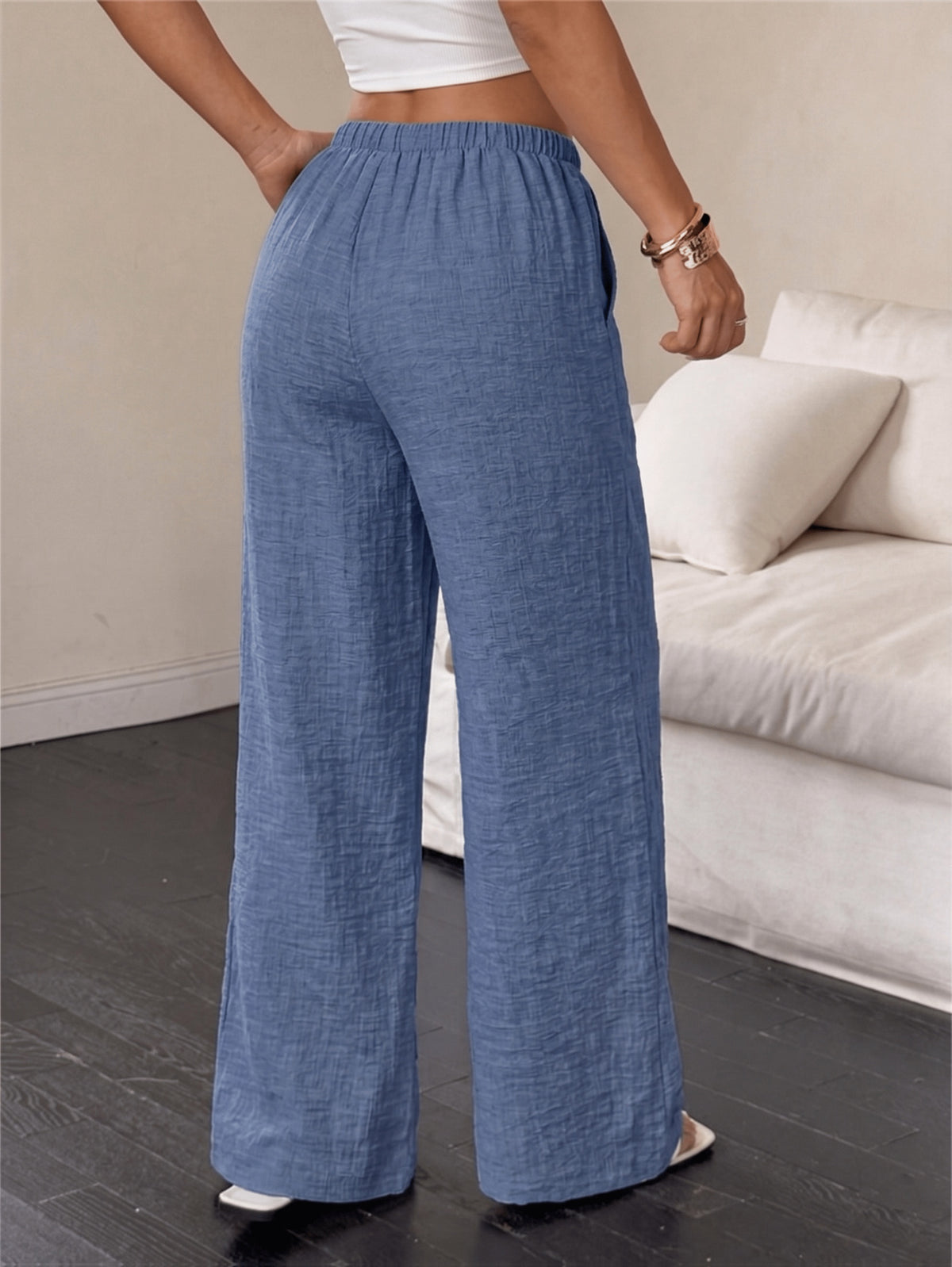 YY0514366 Women's Casual Versatile Solid Color Lace-Up Straight-Leg Pocket Wide-Leg Pants - Blue