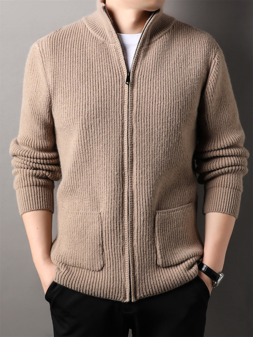 Autumn Winter Knit 3D Solid Mid-High Neck Sweater, Basic Knit Cardigan for Men, Fashionable Long-Sleeve Jacket, Monj - Camel