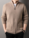 Autumn Winter Knit 3D Solid Mid-High Neck Sweater, Basic Knit Cardigan for Men, Fashionable Long-Sleeve Jacket, Monj - Camel