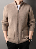 Autumn Winter Knit 3D Solid Mid-High Neck Sweater, Basic Knit Cardigan for Men, Fashionable Long-Sleeve Jacket, Monj - Camel