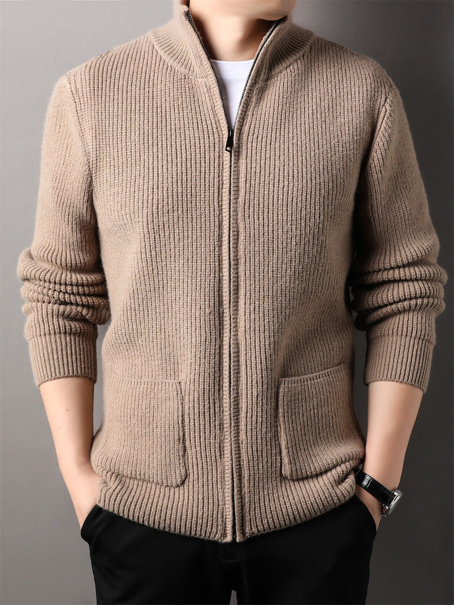 Autumn Winter Knit 3D Solid Mid-High Neck Sweater, Basic Knit Cardigan for Men, Fashionable Long-Sleeve Jacket, Monj - Camel