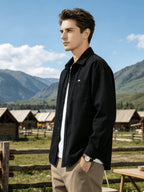 Men'S Utility Long Sleeve Shirt, Lapel Outdoor Loose Multi-Pocket Fashion Patchwork Design Versatile Men'S Top Outerwear - Black