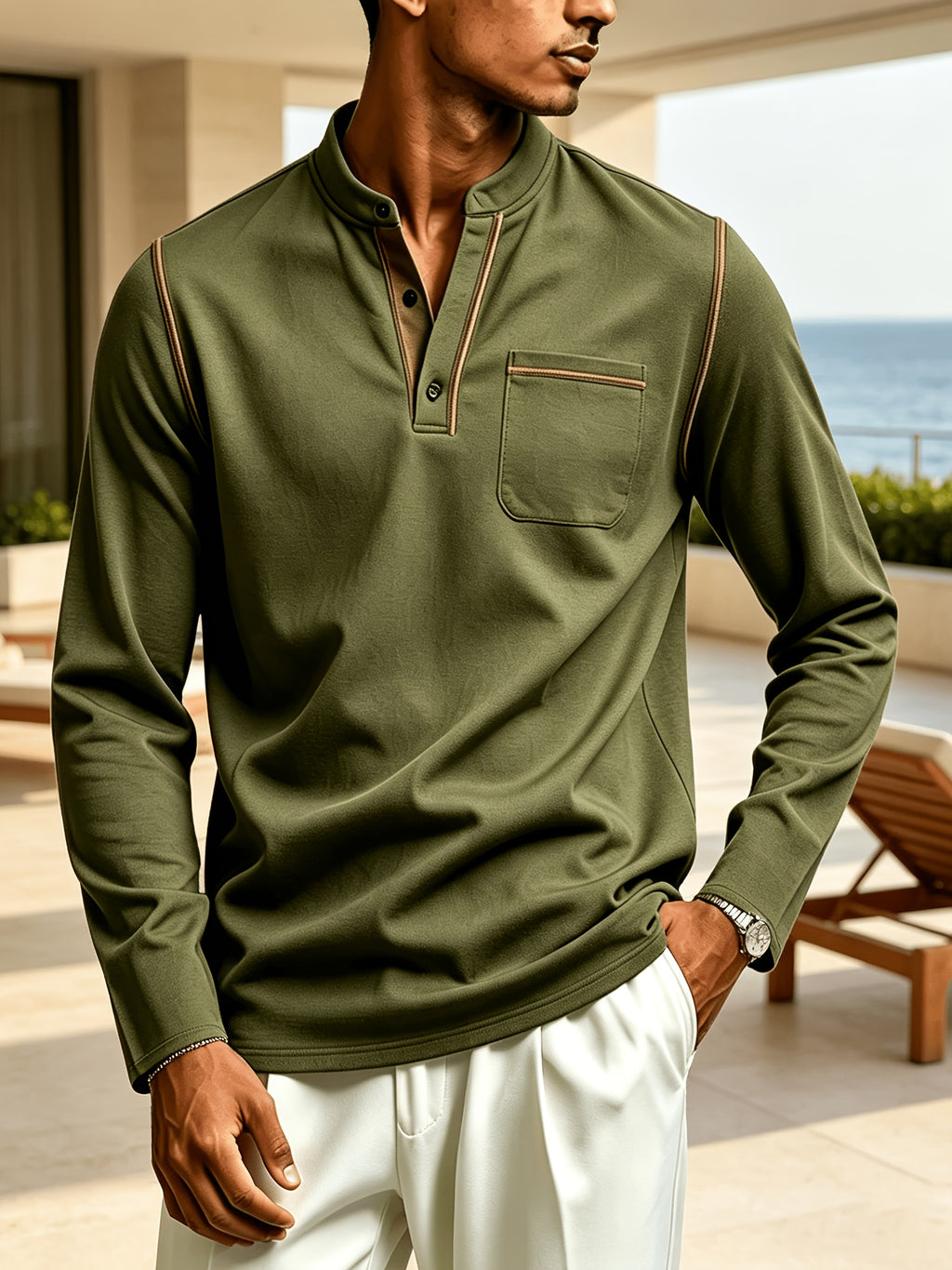 Men'S Fashion Easy Contrast Stand Collar Comfortable Versatile Casual Men'S Henley Long Sleeve Shirt Spring Fall Home Outdoor 1pc - Military Green