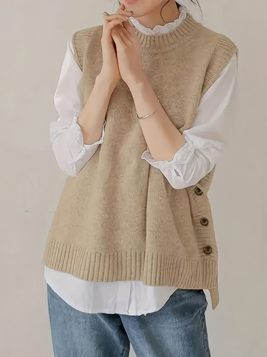Round Neck Short Front And Long Back Button Sweater - Apricot