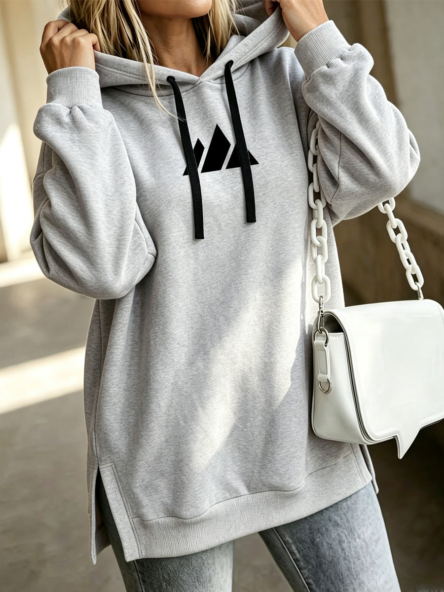 Women'S Fashion Hooded Sweatshirt for Autumn And Winter - Pattern Print Design, Side Slit Detail, Pullover Hoodie - Light Grey