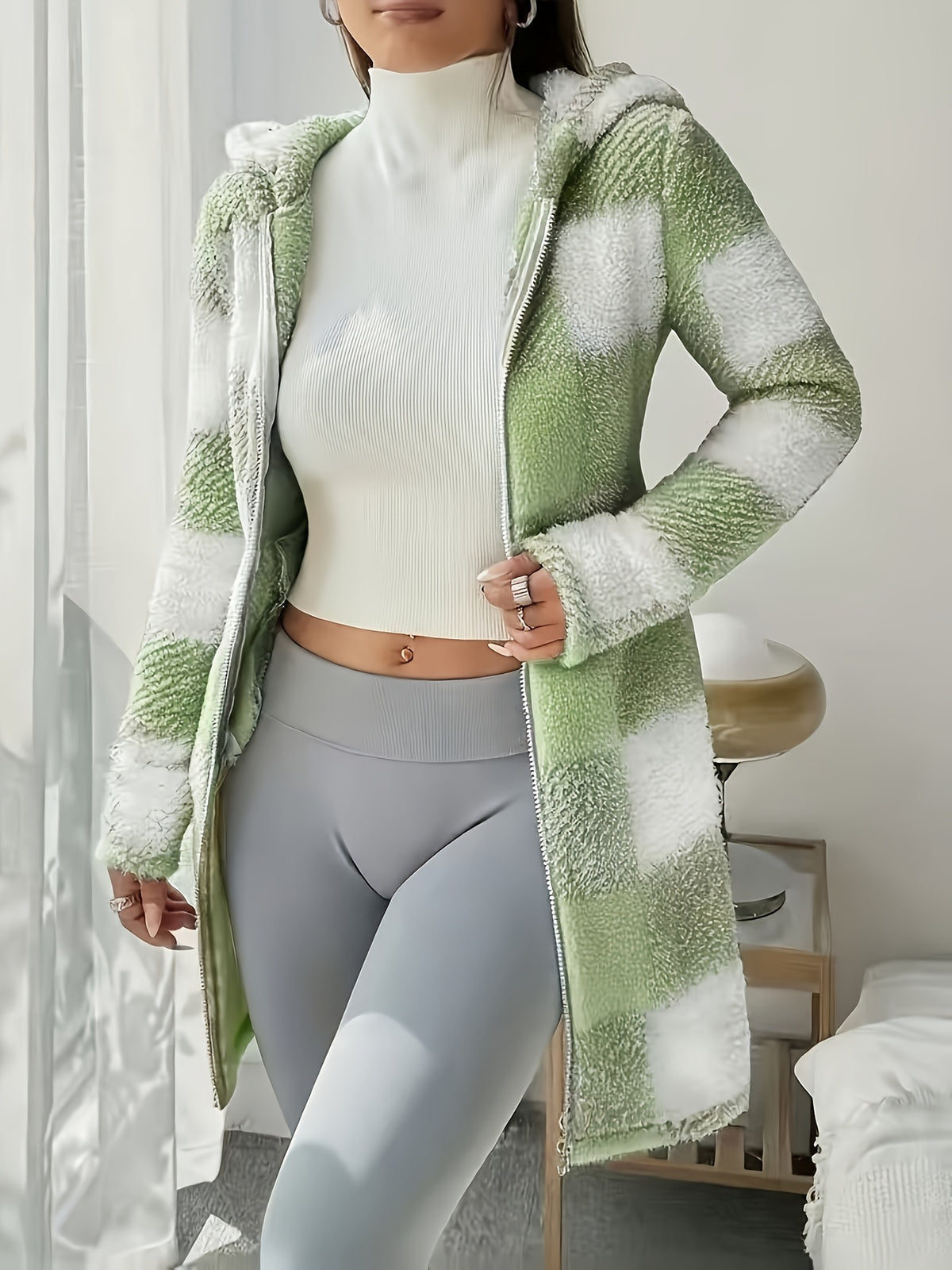 Plaid Printed Double-Faced Plush Hooded Zipper Cardigan Casual Women'S Autumn Winter Plush Coat - Yellow-green