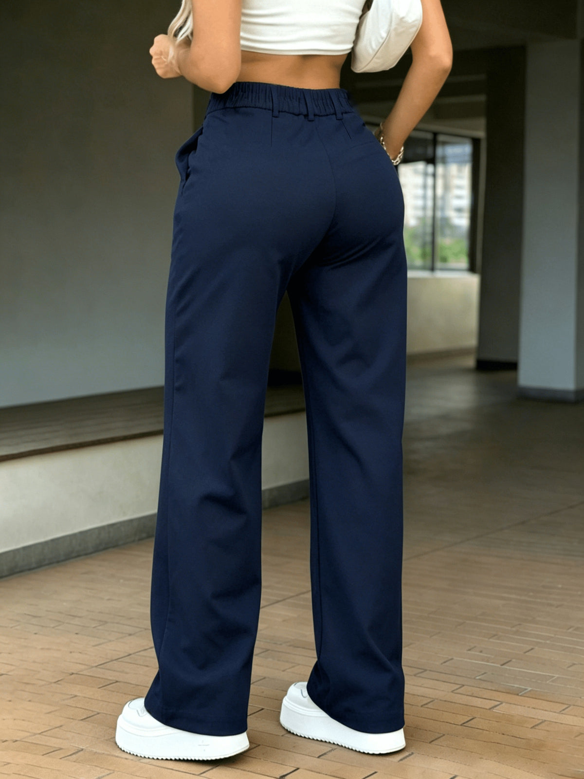 HMY Western Style High-Waist Button-Fly Wide-Leg Trousers, Drape Commute Casual Straight Suit Pants And - Navy Color
