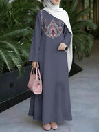 New Middle Eastern Style Muslim Elegant Robe, Easy Solid Color Base with Ethnic Totem Print Women'S Robe, Chest Feature Pattern Decoration, Loose Flowing Flared Cut, Minimalist Premium Feel, Suitable for Prayer, Banquet, And Daily Outings - Mixed colors