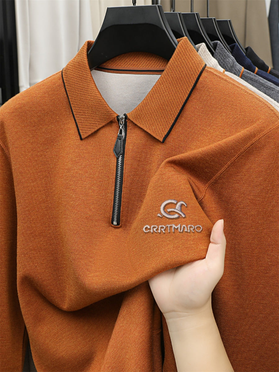 ZBZP Autumn Winter Knit 3D Solid Color Lapel POLO Sweater, Basic Knit Pullover Top for Men, Fashionable Long Sleeve Sweater, Style 006 - Tangerine