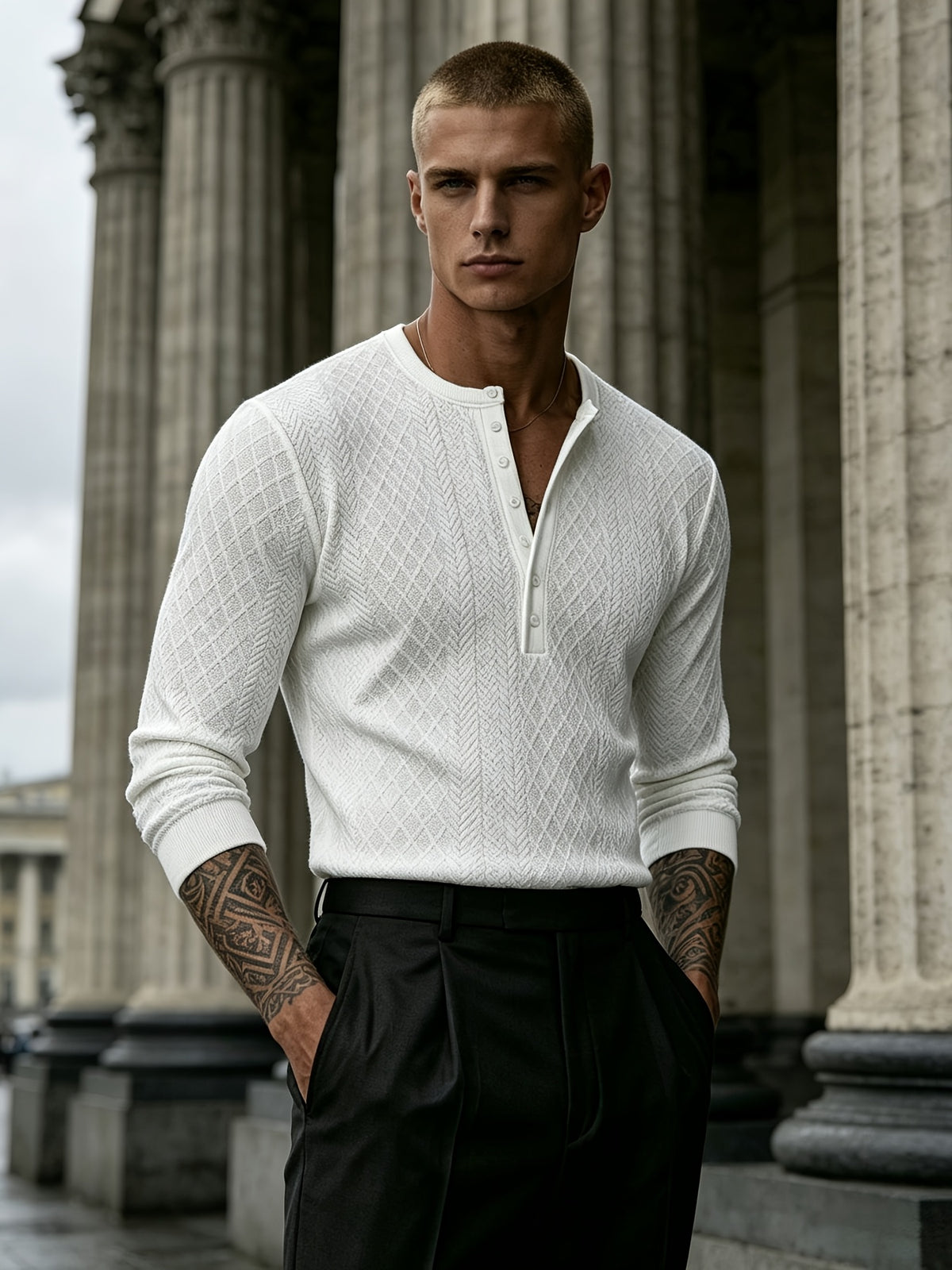 Joshmei OBM Black Friday Men's Dark Gray Geometric Knit Henley Neck Top, Diamond Weave Jacquard Pattern, Refined Casual Style, Autumn/Winter Slim Fit Long Sleeve Pullover, Suitable for Daily Commuting, Streetwear, and Weekend Gatherings - White