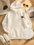 Men's Fashion Hoodie, Men's Hooded Sweatshirt, Jacquard Design Casual Streetwear Sweatshirt, Simple Basic Style, Long-Sleeve T-Shirt, Athletic Sweatshirt, Men's Casual Apparel, Drawstring Hem - White