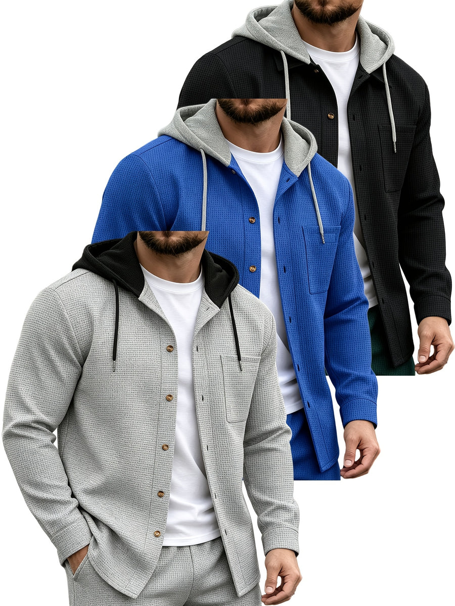 Men'S Waffle Knit Contrast Color Hooded Long Sleeve Button-Up Shirt 3pcs Set, Drawstring Hood Design, Single Chest Pocket, Loose Fit, Casual Outerwear, Spring/Autumn Holiday Street Style Jacket - Mixed Color 2