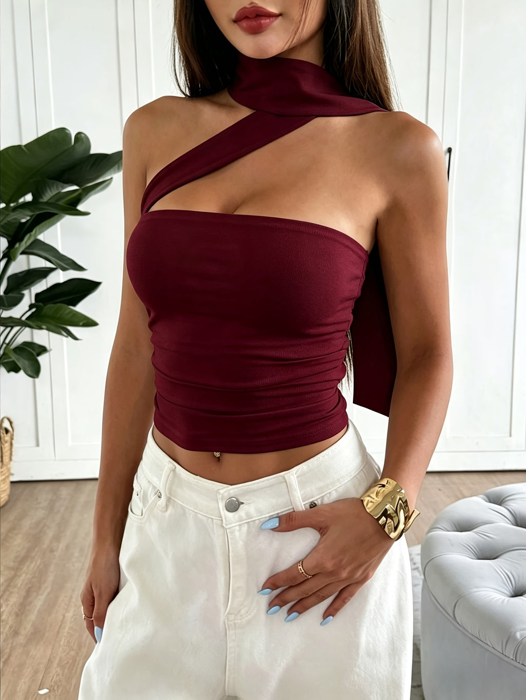 Western Hot Style Black Neck-Bare Bandeau Sexy Cross-Design Short Top - Burgundy