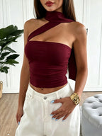 Western Hot Style Black Neck-Bare Bandeau Sexy Cross-Design Short Top - Burgundy