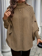 Autumn Winter High Neck Small Tapered Twist Design Lazy Style Outer Sweater Women'S Top Head Scarf Cape Button Shawl - Camel