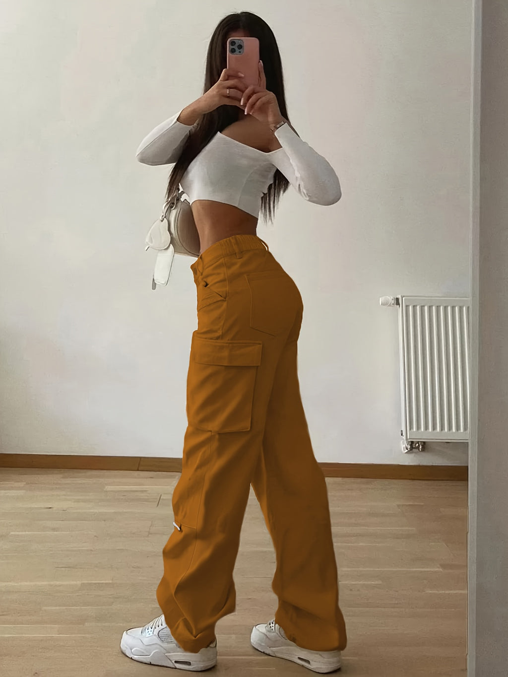 Designer Cargo Pants with Flap Pockets, Women's Elegant Casual Solid-color Trousers, Women's Pants - Brown