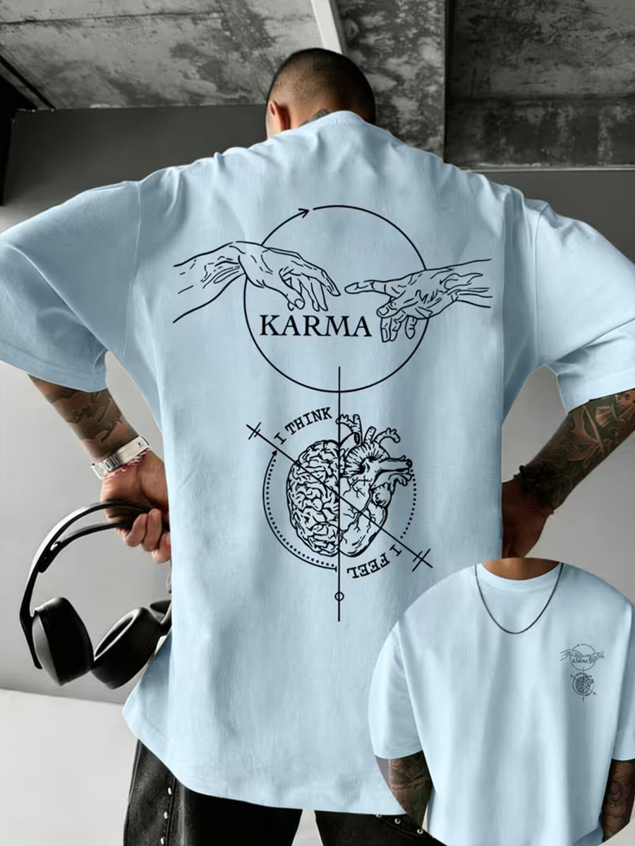 Causal Reincarnation Brain Heart Hand-Drawn Men'S Pure T-Shirt, Front And Back Double-Sided Genesis Hand, Half-Brain Heart Line English Print with Niche Dark Art Atmosphere, 100% Fabric Breathable And Skin-Friendly - Light Blue