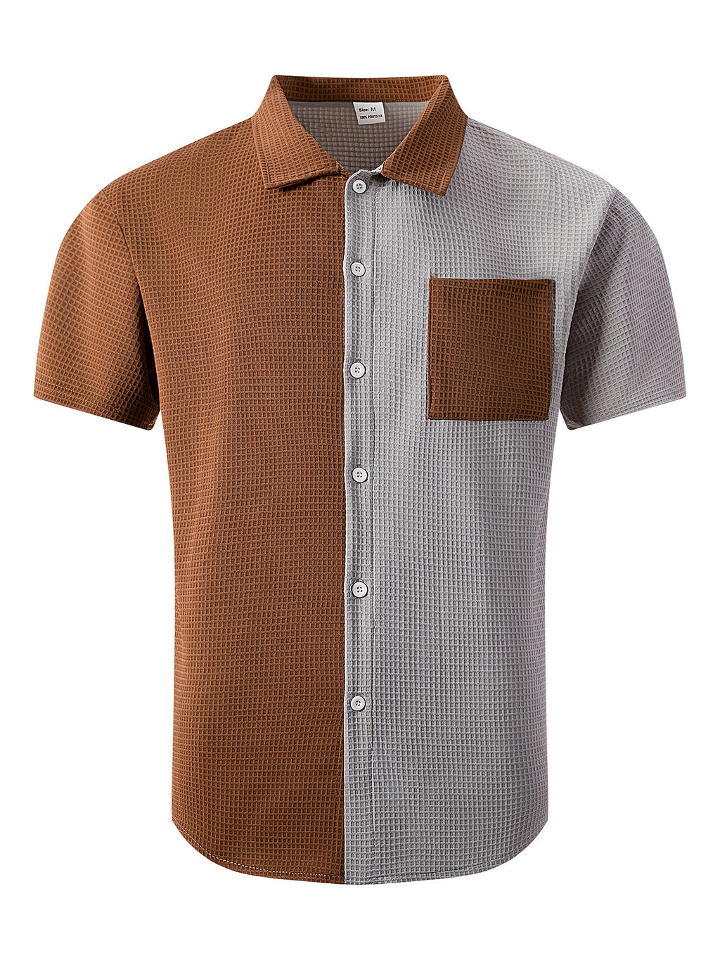 Men'S Waffle Knit Color-Block Shirt, Short Sleeve Button-Up Casual Top with Pockets, Fashionable Summer Beach And Casual Wear Men'S Clothing - Grey