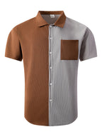 Men'S Waffle Knit Color-Block Shirt, Short Sleeve Button-Up Casual Top with Pockets, Fashionable Summer Beach And Casual Wear Men'S Clothing - Grey