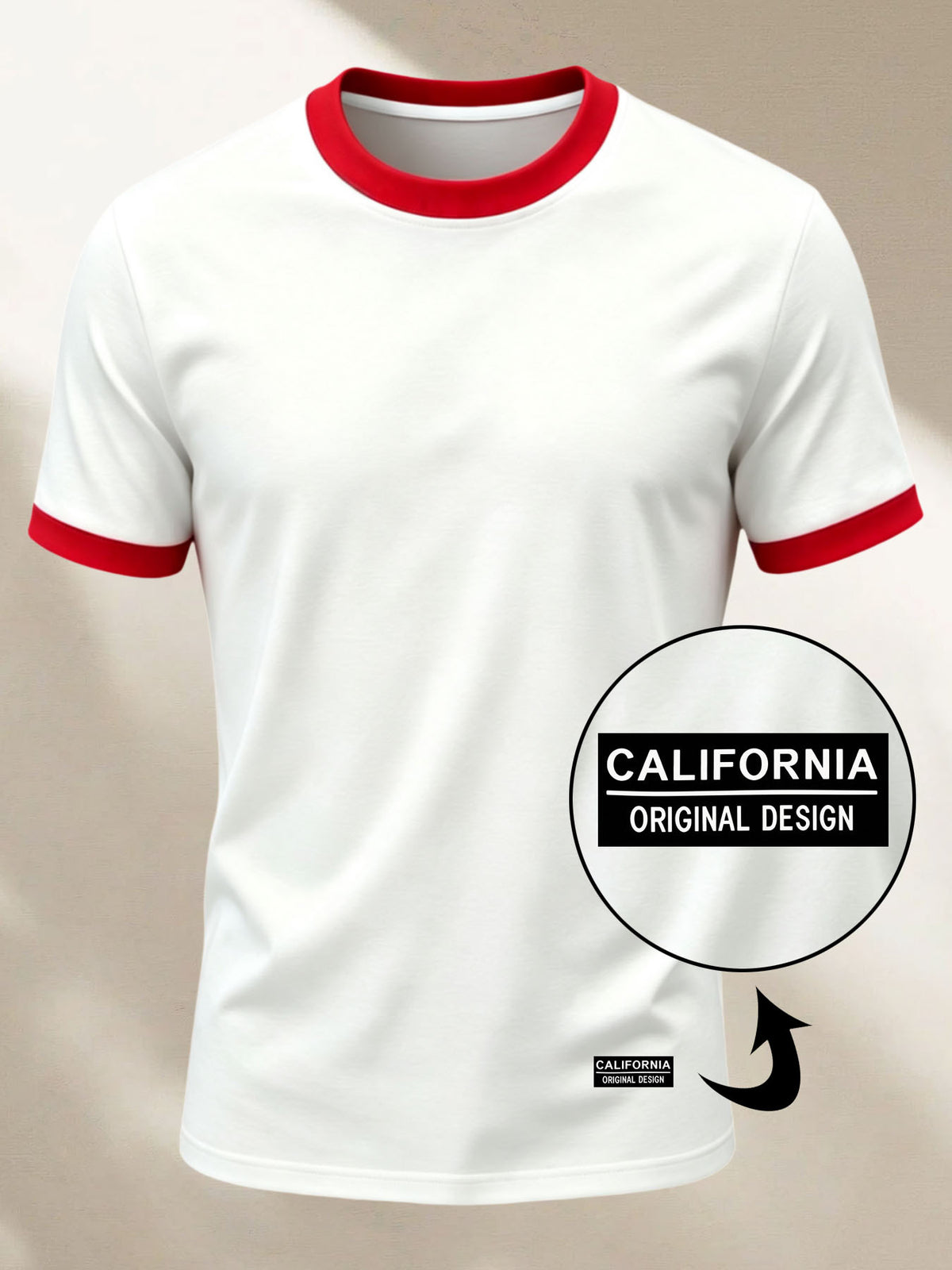 100% Cotton Men's Knitted Color-Block Crew Neck Patched T-Shirt, Summer All-Season Base Layer, Factory-Made for Men, Comfortable, High Quality, High Fit Rate, Casual Sportswear with Contrast Hem and Patch Appliqué - White with Red ZZ011