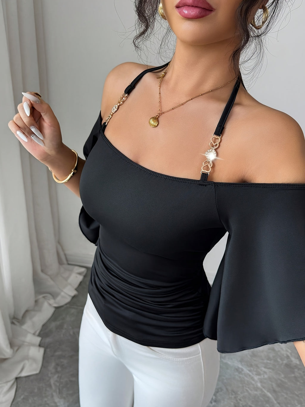Women'S Black Golden Strap T-Shirt, Off-Shoulder Short Sleeve Elegant Summer Evening Top, Fitted Ruffled Retro Easy Party Music Festival Outfit - Black